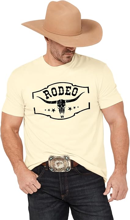 Western Cowboy Rodeo Shirts: Mens Vintage Cow Skull Graphic Tees Boho Country Concert Music T-Shirts